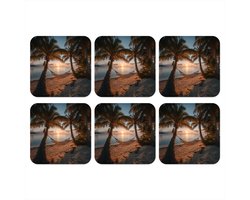 Onderzetters voor glazen - Palmbomen - Hangmat - Strand - Zonsondergang - 10x10 cm - Glasonderzetters - 6 stuks
