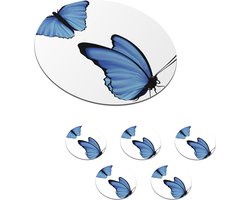 Onderzetters voor glazen - Rond - Een illustratie van twee blauwe vlinders - 10x10 cm - Glasonderzetters - 6 stuks