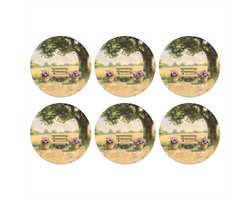 Onderzetters voor glazen - Rond - Houten bankje - Bloempotten - Landschap - 10x10 cm - Glasonderzetters - 6 stuks