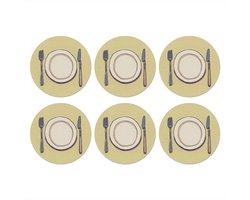 Onderzetters voor glazen - Rond - Illustratie - Bord - Bestek - Beige - 10x10 cm - Glasonderzetters - 6 stuks