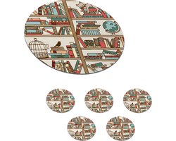 Onderzetters voor glazen - Rond - Kat - Boek - Kast - Jongens - Meisjes - Kinderen - Kind - 10x10 cm - Glasonderzetters - 6 stuks