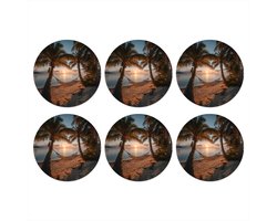 Onderzetters voor glazen - Rond - Palmbomen - Hangmat - Strand - Zonsondergang - 10x10 cm - Glasonderzetters - 6 stuks