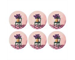 Onderzetters voor glazen - Rond - Stoel - Vaas - Bloemen - Geblokt - 10x10 cm - Glasonderzetters - 6 stuks
