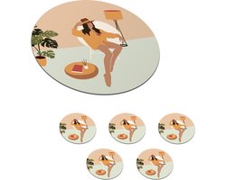 Onderzetters voor glazen - Rond - Vrouw - Stoel - Hoed - Pastel - 10x10 cm - Glasonderzetters - 6 stuks