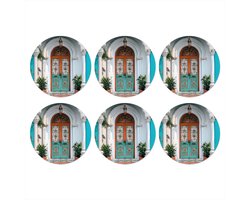 Onderzetters voor glazen - Rond - Zuilen - Sierlijke - Deur - Blauw - 10x10 cm - Glasonderzetters - 6 stuks