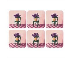 Onderzetters voor glazen - Stoel - Vaas - Bloemen - Geblokt - 10x10 cm - Glasonderzetters - 6 stuks
