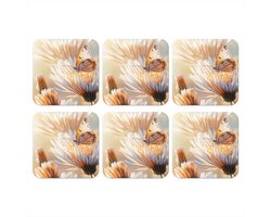 Onderzetters voor glazen - Vlinder - Bloem - Oranje - 10x10 cm - Glasonderzetters - 6 stuks