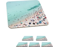 Onderzetters voor glazen - Zee - Strand - Parasols - Blauw - Zomer - 10x10 cm - Glasonderzetters - 6 stuks