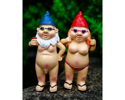 Ondeugende tuinkabouterornamenten - grappige tuinbeelden - 2 stuks - kleurrijk - kunststoffen - 12 cm