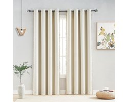 Ondoorzichtig gordijn met pompons beige gordijn met ingestanste ringen, landhuisstijl, warmte-isolerend, thermogordijn, verduisteringsgordijnen voor meisjeskamer, woonkamer, slaapkamer, 2 stuks (beige, 140 x 225 cm)