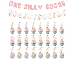 One Silly Goose Banner, Vooraf Gespannen Roze Gans 1e Verjaardag Banner Decoratie Schattig Muur Garland voor Babyshower Themafeest Foto Achter