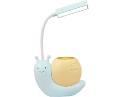 Oneay Kinder Bureaulamp LED – USB Oplaadbare Tafellamp met Pennenhouder – Slakvormige Lamp met Oogbescherming en 360° Verstelbare Hals – Blauw