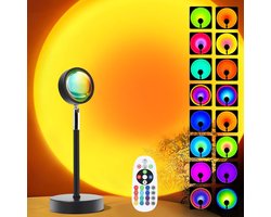 Oneay Zonsonderganglamp projector LED-regenbooglamp met afstandsbediening–16 kleuren en multicolor lichteffecten–Sfeervolle LED-nachtlamp voor fotografie, selfies, slaapkamer en feestjes – Decoratieve sunset lamp voor woondecoratie en cadeau ideeën