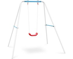 OneConcept Miri - Tuinschommel, Kinderschommel, Schommelframe met schommel, voor kinderen van 3-10 jaar tot 45 kg, permanente bevestiging via betonnen sokkel, incl. 4 grondnagels, blauw-wit