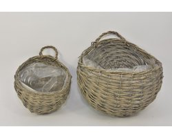 Oneiro Luxe Bloempot Set/2 wandhanger rond riet grijs 32x32x38cm – hotel chique - binnen ––– accessoires – tuin – decoratie – bloemen – mat – glans – industrieel - droogbloemen - Buiten bloempot - tuin - tuinieren