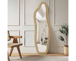 Onregelmatig Passpiegel 140x45 cm – Grote wandspiegel met Veloursrandspiegel, Multifunctionele (Opstaan/Wandhangen/Aanleunen), Designspiegel voor Dressing/Woonkamer/Slaapkamer, Goud