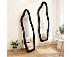 Onregelmatig Passpiegel 160x50 cm – Grote wandspiegel met Veloursrandspiegel, Multifunctionele (Opstaan/Wandhangen/Aanleunen), Designspiegel voor Dressing/Woonkamer/Slaapkamer, Zwart