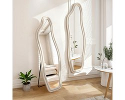 Onregelmatig Passpiegel 160x50 cm – Grote wandspiegel met Veloursrandspiegel, Multifunctionele (Opstaan/Wandhangen/Aanleunen), Designspiegel voor Dressing/Woonkamer/Slaapkamer, Wit