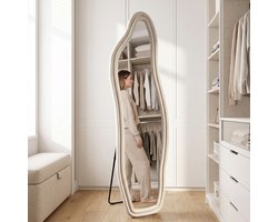 Onregelmatige Staande Spiegel 140 x 45cm, Slaapkamer Vloerspiegel, Golvende Spiegel met Fluwelen Rand, Wandspiegel, Controleer je Outfit, Make-up Details (Wit, 140x45cm)