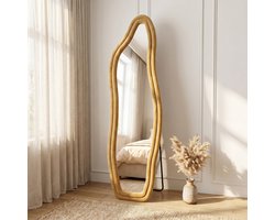 Onregelmatige Staande Spiegel 140 x 45cm, Slaapkamer Vloerspiegel, Golvende Spiegel met Fluwelen Rand, Wandspiegel, Controleer je Outfit, Make-up Details (Goud, 140x45cm)