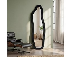 Onregelmatige Staande Spiegel 140 x 45cm, Slaapkamer Vloerspiegel, Golvende Spiegel met Fluwelen Rand, Wandspiegel, Controleer je Outfit, Make-up Details (Zwart, 140x45cm)
