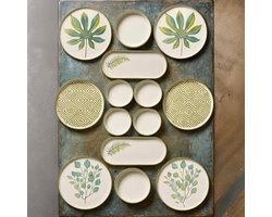 Ontbijtservies Set - Serviesset Keuken - Ontbijten Dineren - Hand Versierd Bladmotief - 14 Delig - Natuurlijk