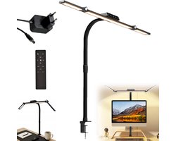 Oogvriendelijke LED-bureaulamp (met driedelige zwanenhals en klem) — Bureauverlichting & accessoires — Geschikt voor werk, kantoor en studie — Zwart