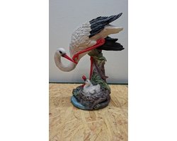 Ooievaar met jong beeld - 32cm hoog - Polystone - Cadeau - Decoratie - Woonaccessoires - Beeld