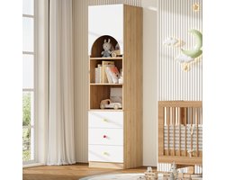 OOIILLEE Boekenkast - 50x50x200 cm wit/houtlook - 3 laden en 3 planken - keramieken handgrepen (rood/geel) - gebogen stofdichte deur