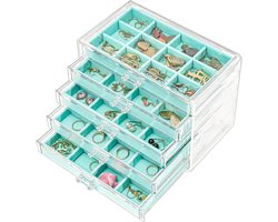 Oorbel & Sieraden Opbergdoos met 5 Laden - Acryl - Stapelbaar - Clear - Verstelbare Fluwelen Trays - Vrouwen - Blauw - Dressoir Vanity