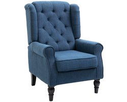 Oorfauteuil 74 x 86 x 102 cm, Blauw, Voor Woonkamer en Ontspanning, Relaxstoel, Loungefauteuil, Dikke Polstering, Hoge Rugleuning, Knopenrugleuning, Gebogen Armleuningen, Afneembare Hoes, Houten Frame, Comfortabele Zitplaats