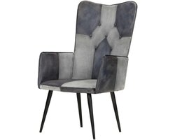 Oorfauteuil Leer - Leunstoel Gevoerd - Ontspannen Lezen - Echt Leer - 55 x 41 x 97 cm - Lichtgrijs
