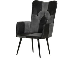 Oorfauteuil - Leesstoel Gevoerd - Ontspannen Zitten - Echt Leer - 55 x 41 x 97 cm - Zwart Grijs