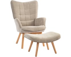 Oorfauteuil Met Hocker Relaxstoel Khaki 80x72x101cm Cordlook Gestoffeerde Fauteuil Lounge Stoel Met Armleuningen Houten Poten TV Stoel Voor Woonkamer Leesstoel Comfortabel Belastbaar 150kg
