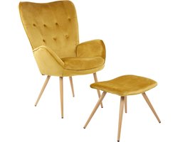 Oorfauteuil met kruk - Comfortabele stoel - Ontspannen avonden - Goud fluwelen hoes - 65 x 67 x 100 cm