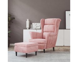 Oorfauteuil met kruk - Leesstoel fluweel - Ontspannen in huis - Zachte fluwelen stof - 78 x 90 cm - Roze