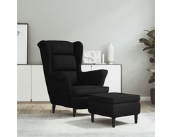 Oorfauteuil met kruk zwart fluweel – luxe fauteuil en gestoffeerd relaxmeubel voor ontspanning, robuuste constructie van multiplex met houten poten, zachte veloursstof