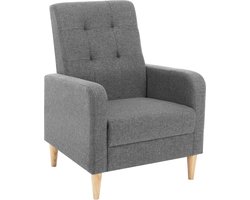 Oorfauteuil, relaxstoel met armleuningen, massief houten poten, getufte gestoffeerde stoel, loungestoel, modern, stoel voor slaapkamer woonkamer balkon, linnen overtrek, donkergrijs