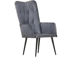 Oorfauteuil van echt leer, grijs, gestoffeerd, voor woonkamer en slaapkamer