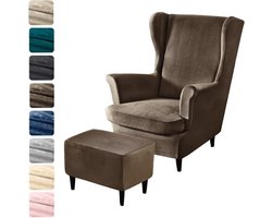 Oorfauteuilhoes met voetenbankhoes - Stretch - Fluweel - Stoel - Elastisch - Hoes met armleuning - Hoge rugleuning - Bruin - Set van 3 - Interieurdecoratie