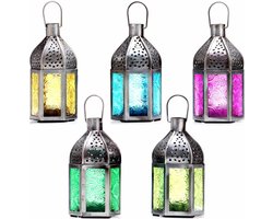 Oosterse Basem lantaarns, 4-delige set, kleurrijk, 14 cm, 4 x Oosters, Marokkaans windlicht van metaal & glas in 4 kleuren, rood, paars, groen, oranje, voor buiten als tuinlantaarn
