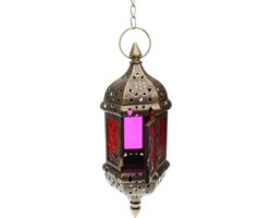 Oosterse Kaarshouder - Hangende Kandelaar - Sfeervol Licht - Met Ophangketting - 9x9x24cm - Mix