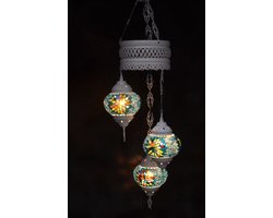 Oosterse lamp 3 glazen multicolor blauw bollen mozaiek kroonluchter