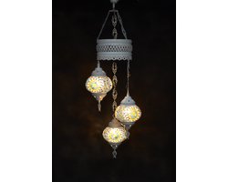 Oosterse lamp 3 glazen multicolour blauw geel bollen mozaiek kroonluchter