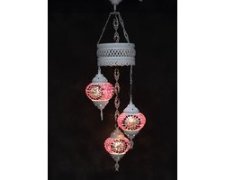Oosterse lamp 3 glazen paars roos bollen mozaiek kroonluchter