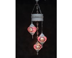 Oosterse lamp 3 glazen paars roos bollen mozaiek kroonluchter