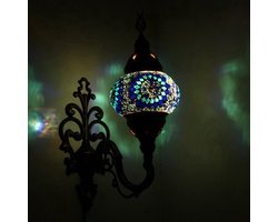 Oosterse Lamp - Wandlamp Mozaïek - Blauw Ø 15 cm - Hoogte 28 cm - Handgemaakt en Authentiek