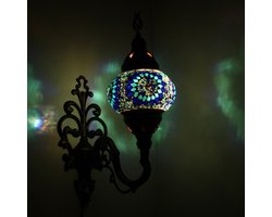 Oosterse Lamp – Wandlamp - Mozaïek Lamp - Turkse Lamp - Marokkaanse Lamp - Ø 15 cm - Hoogte 28 cm - Handgemaakt - Authentiek - Blauw