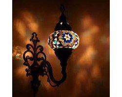 Oosterse Lamp – Wandlamp - Mozaïek Lamp - Turkse Lamp - Marokkaanse Lamp - Ø 15 cm - Hoogte 28 cm - Handgemaakt - Authentiek - Blauw & Wit