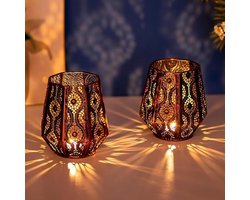 Oosterse Lantaarn Windlicht Brons - Set Van 2 Metalen Kaarshouders - Sfeervolle Lantaarn Voor Stompkaarsen En Theelichtjes - Tafeldecoratie Voor Woonkamer, Balkon, Slaapkamer En Feestdagen